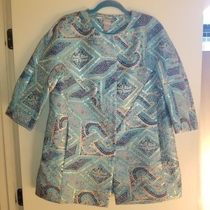 NWT CHICO'S PRINTED TOPPER MOSAIC AQUA GOLD LS JACKET CHICOS SIZE 2 / 10-12